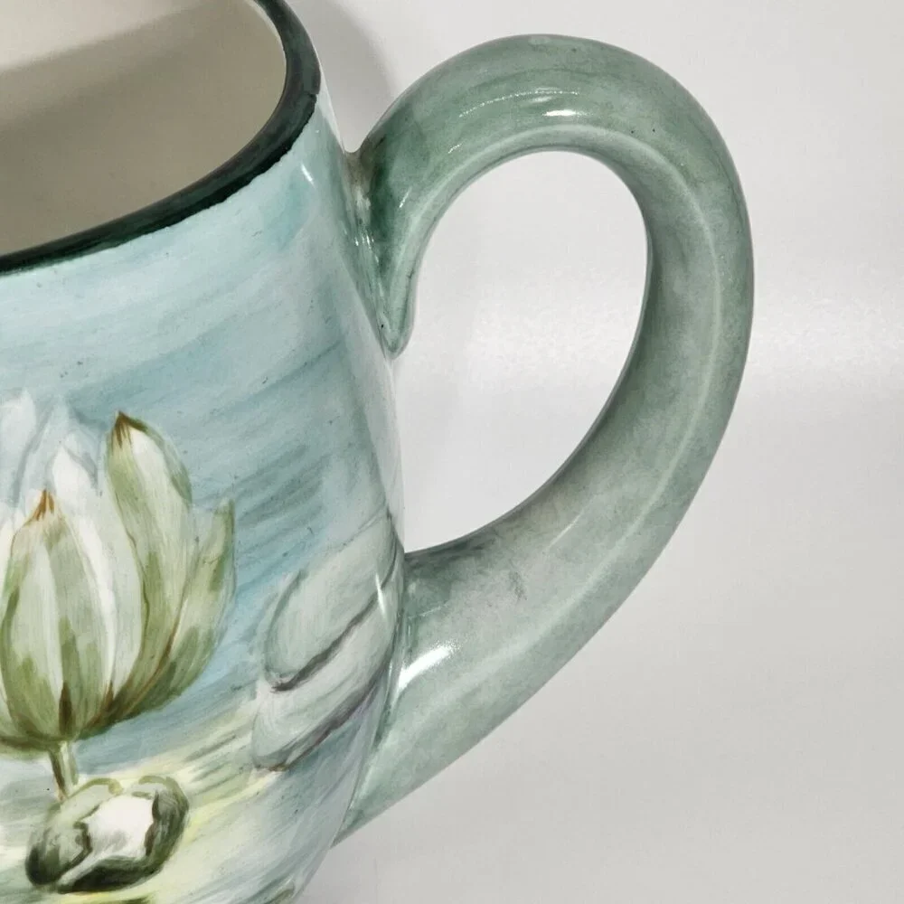 D&C France Vintage Hand Painted Pitcher and Glass Set of 7 Water Lily Green Trim